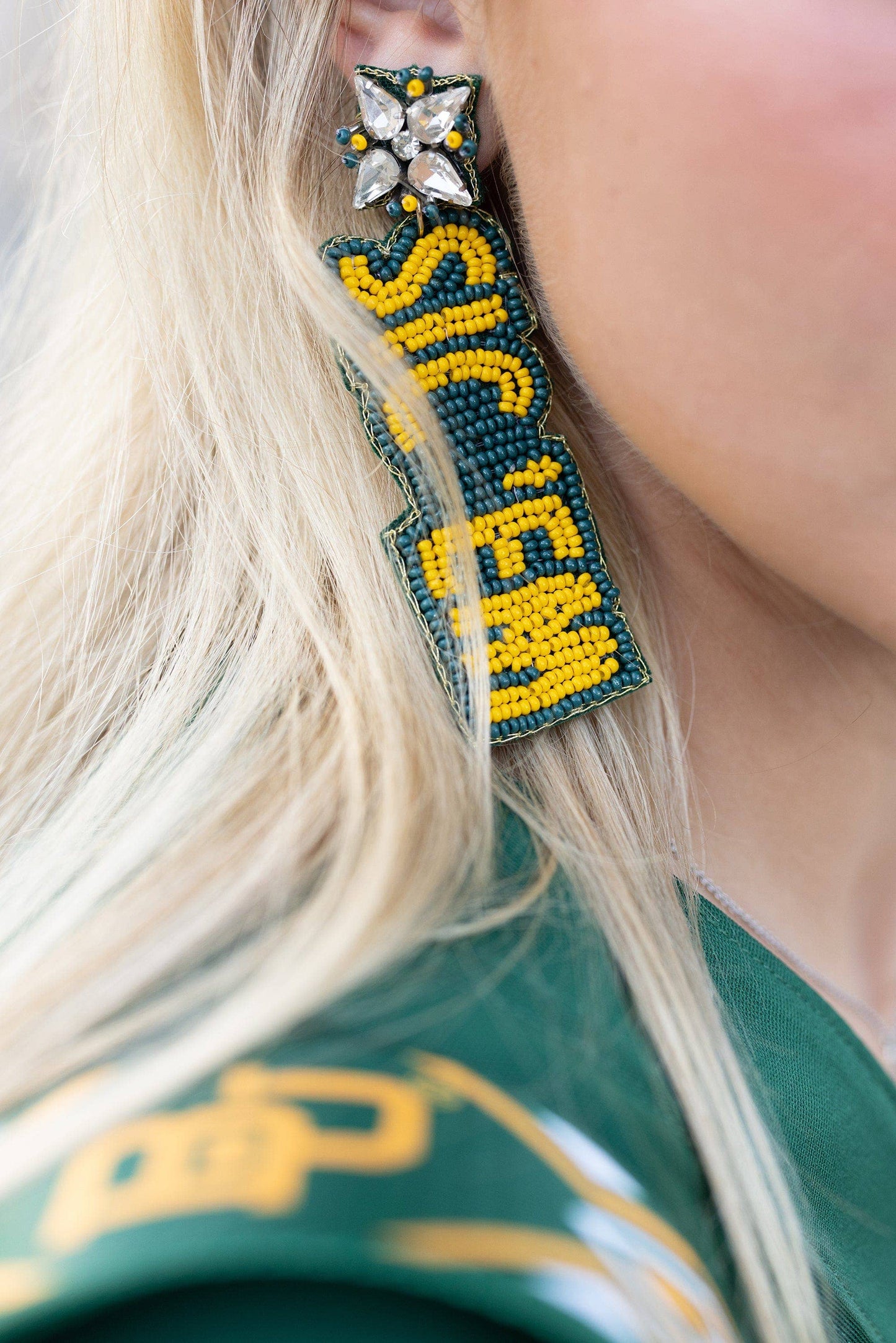 Baylor Sic 'em Bears Beaded Earrings in Green and Gold by Desden