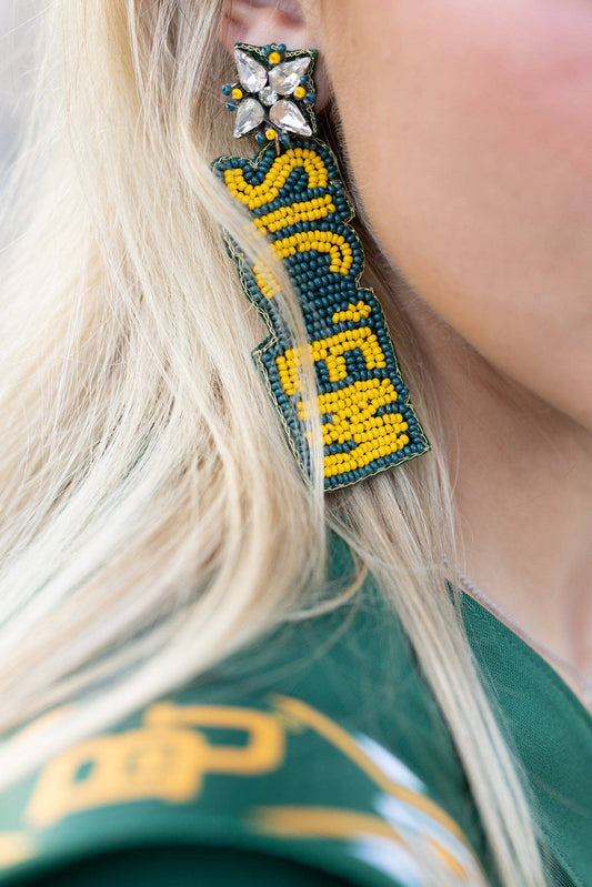 Baylor Sic 'em Bears Beaded Earrings in Green and Gold by Desden