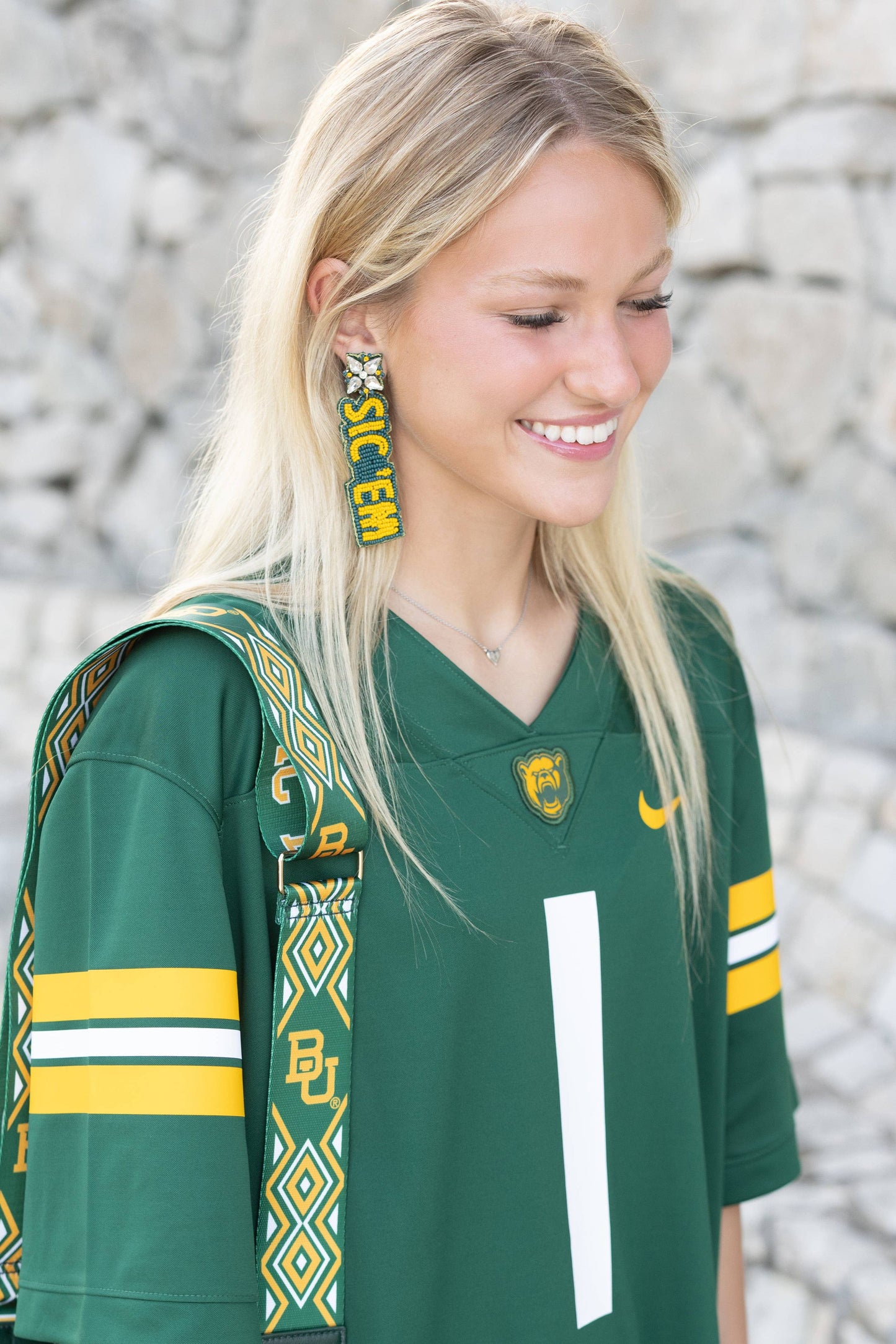 Baylor Sic 'em Bears Beaded Earrings in Green and Gold by Desden
